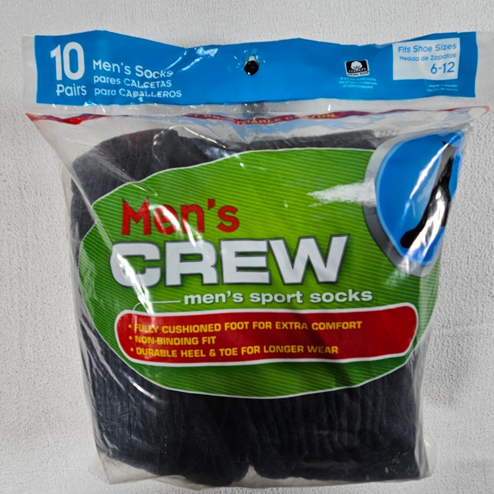 Unbranded Crew Socks Mens 6-12 Black 10 Pairs Cushioned Sport Non-Binding